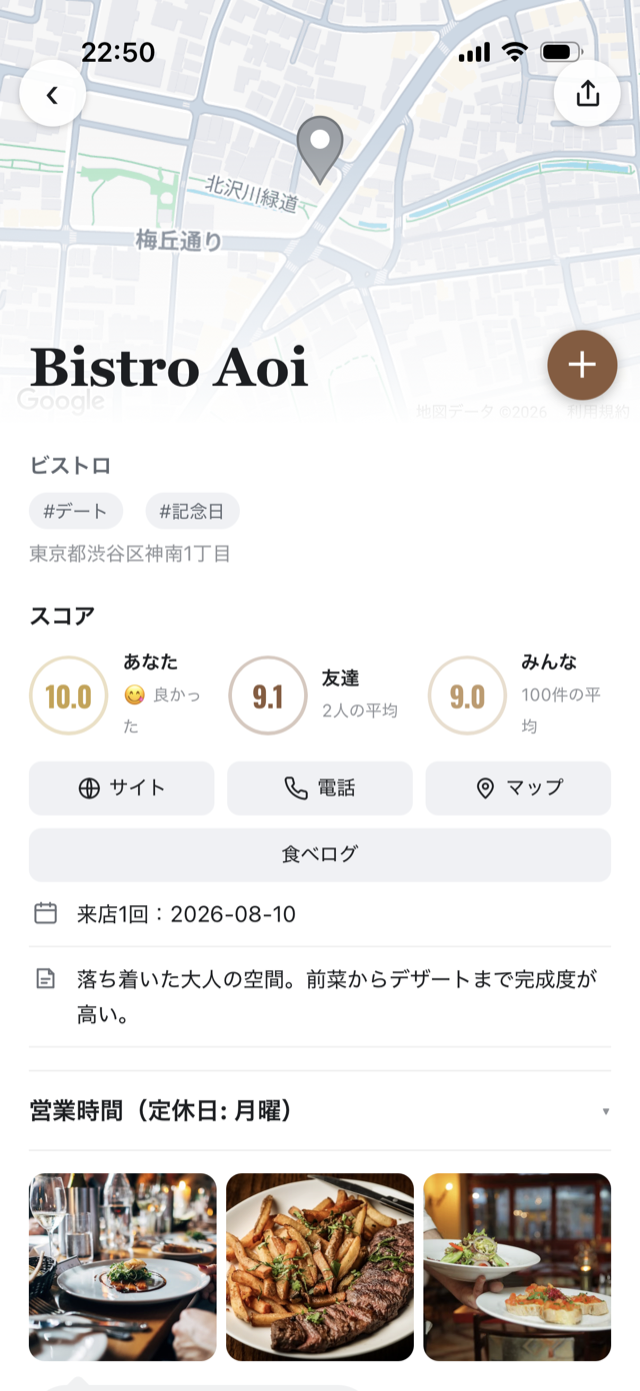お店の詳細・スコア画面